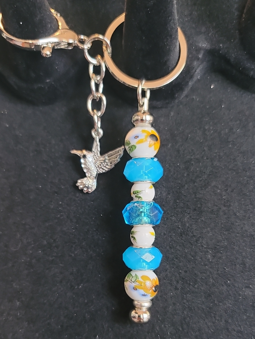 Blue Floral Beaded Keychain with Hummingbird Charm